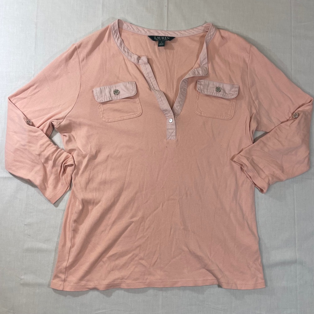 Lauren Ralph Lauren Pink Cotton Henley 3/4 Roll Tab Sleeve Top Womens Medium